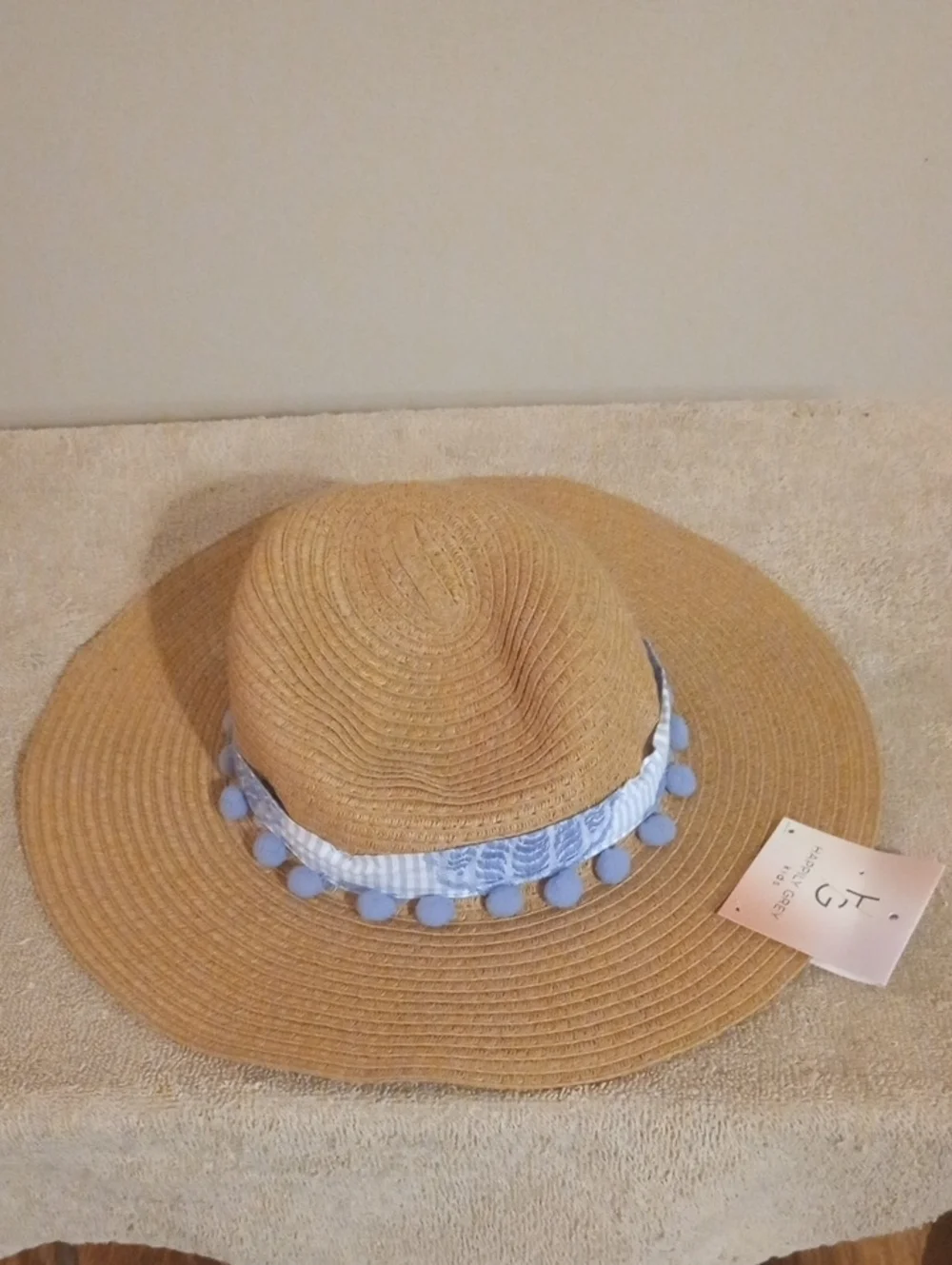 Kids Spring Infants Straw Sun Hat with Blue Pom-Pom Trim 18 months